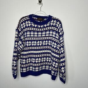 Vintage Eddie Bauer Sweater Mens Large Blue White Knit Pullover Crewneck 90s